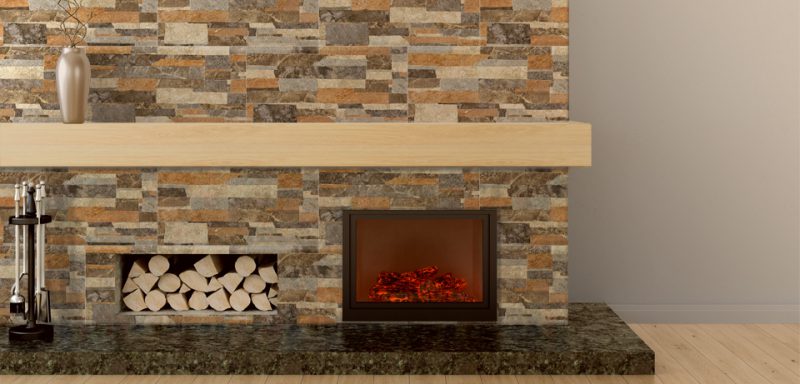 Fireplace in modern style, located on a marble pedestal, lined with stone and wooden mantel